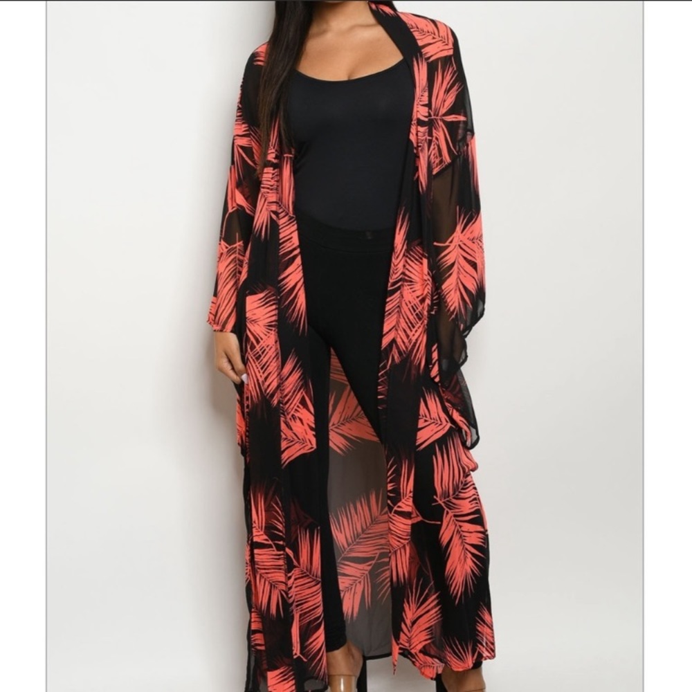🆕LAST ONE! Neon Coral & Black Luxe Kimono Duster - Picture 2 of 4